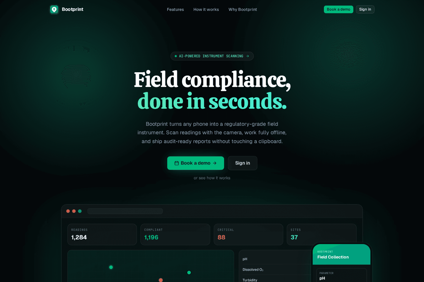 Bootprint public landing page with field compliance tools and a dashboard illustration