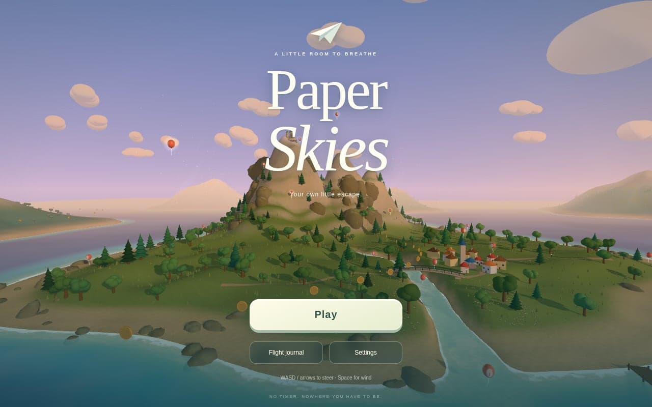 Paper Skies title screen: a paper plane above a green island with a river, a village and floating balloons, with Play, Flight journal and Settings buttons